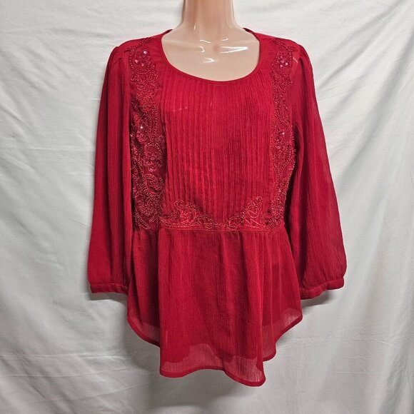 Maeve Anthropologie Embellished Top Blouse Women Size 12 Red Lined Chiffon - Picture 1 of 13
